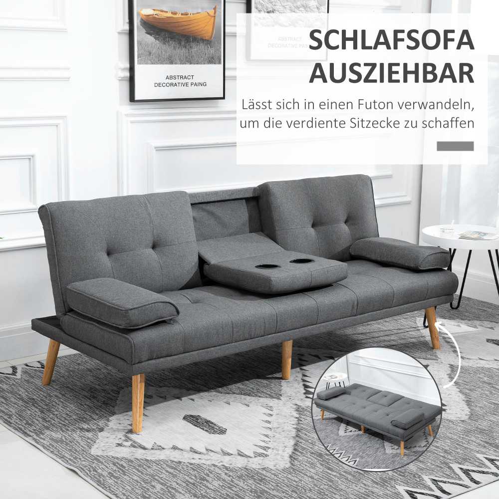 HOMCOM sofa lova, 3 vietų sofa, sofa-lova su atlenkiamu staliuku, puodelių laikikliu, skandinaviško dizaino, tamsiai pilka, iki 250 kg