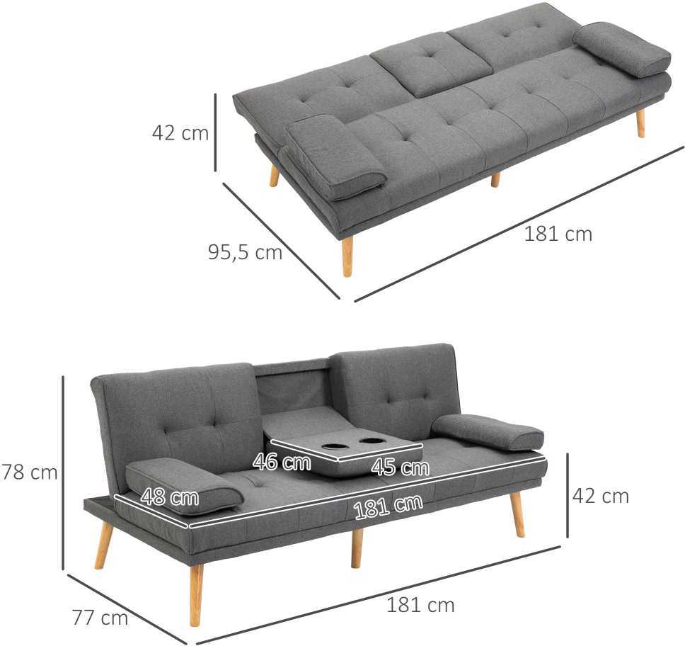 HOMCOM sofa lova, 3 vietų sofa, sofa-lova su atlenkiamu staliuku, puodelių laikikliu, skandinaviško dizaino, tamsiai pilka, iki 250 kg