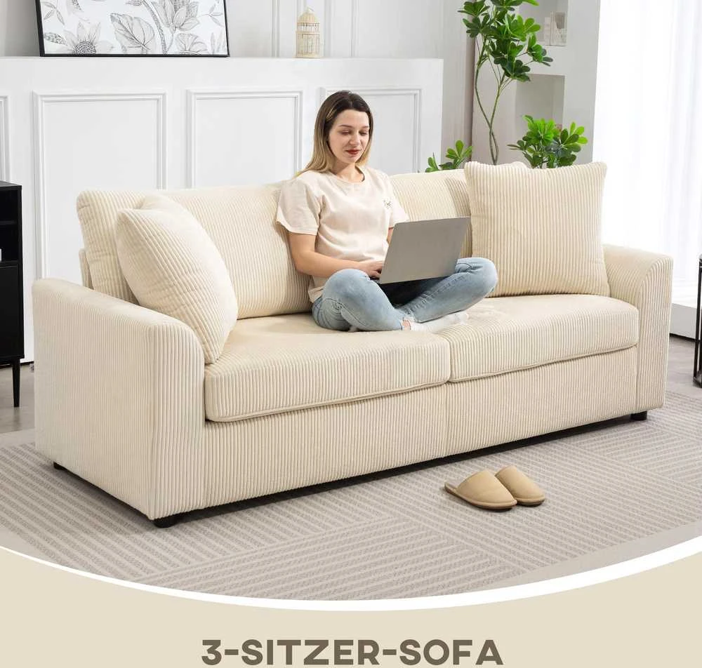 HOMCOM 3 vietų sofa, sofa su porankiais, pagalvėlės, paminkštinta sofa su velveto audinio apmušalais, storai paminkštinta svetainės sofa iki 450 kg gyvenamajam kambariui, miegamajam 212 x 80 x 88 cm, kreminės baltos spalvos