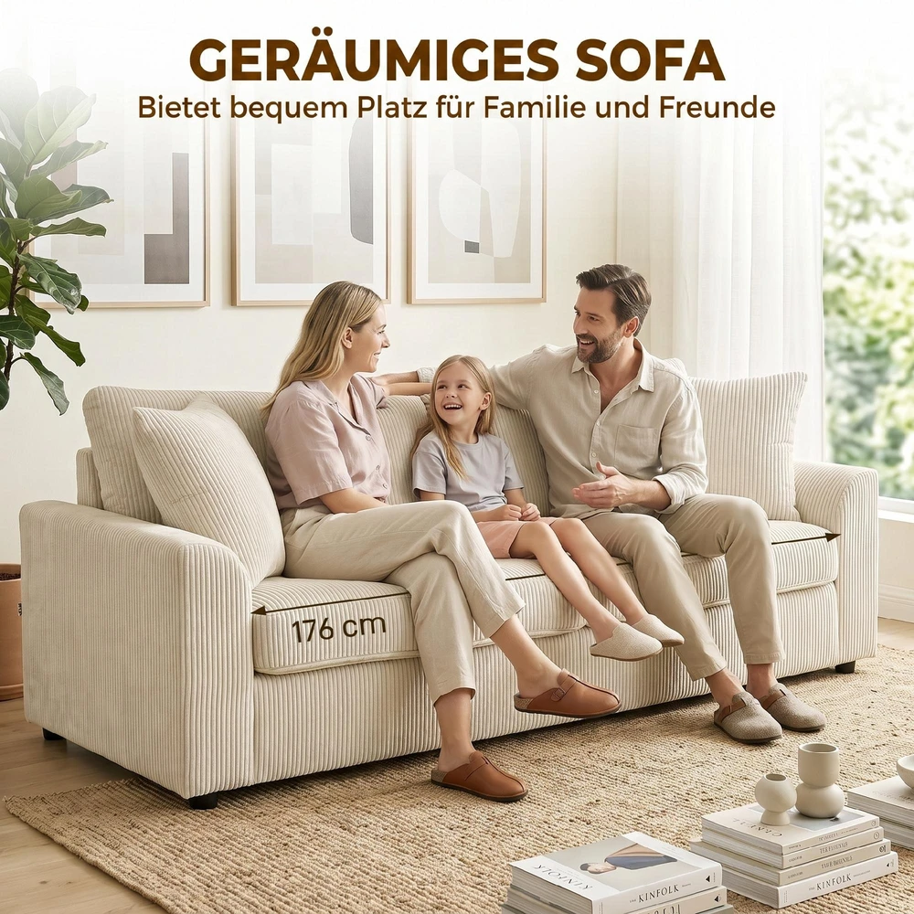 HOMCOM 3 vietų sofa, sofa su porankiais, pagalvėlės, paminkštinta sofa su velveto audinio apmušalais, storai paminkštinta svetainės sofa iki 450 kg gyvenamajam kambariui, miegamajam 212 x 80 x 88 cm, kreminės baltos spalvos
