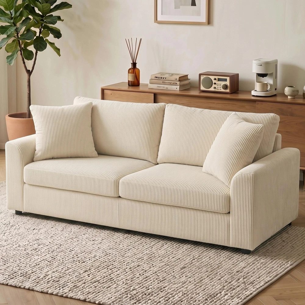HOMCOM 3 vietų sofa, sofa su porankiais, pagalvėlės, paminkštinta sofa su velveto audinio apmušalais, storai paminkštinta svetainės sofa iki 450 kg gyvenamajam kambariui, miegamajam 212 x 80 x 88 cm, kreminės baltos spalvos