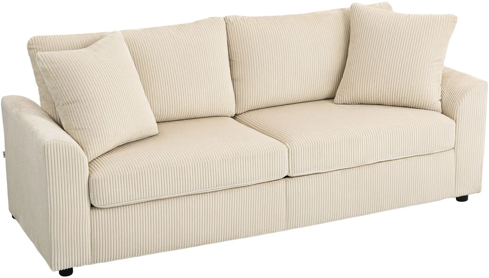 HOMCOM 3 vietų sofa, sofa su porankiais, pagalvėlės, paminkštinta sofa su velveto audinio apmušalais, storai paminkštinta svetainės sofa iki 450 kg gyvenamajam kambariui, miegamajam 212 x 80 x 88 cm, kreminės baltos spalvos
