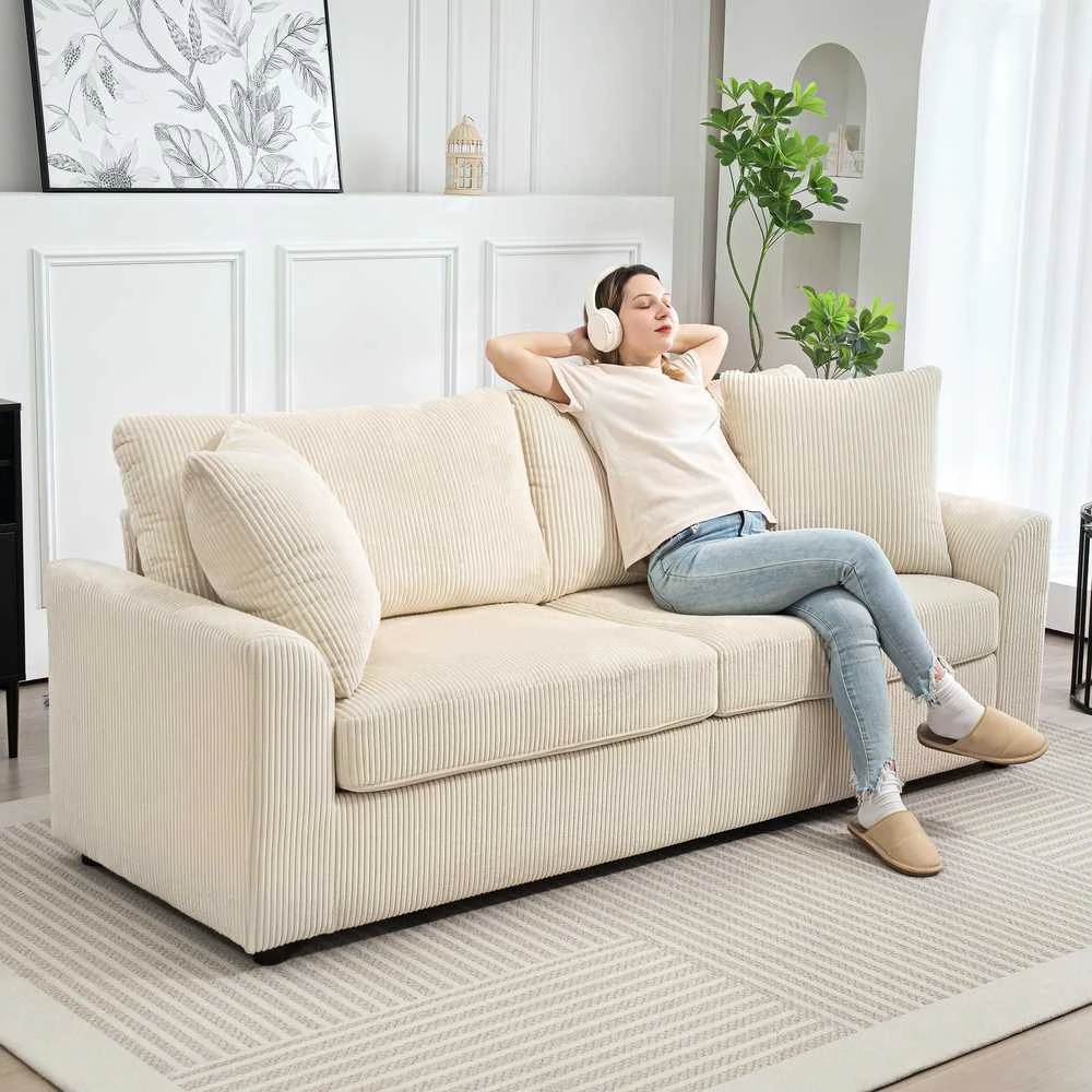 HOMCOM 3 vietų sofa, sofa su porankiais, pagalvėlės, paminkštinta sofa su velveto audinio apmušalais, storai paminkštinta svetainės sofa iki 450 kg gyvenamajam kambariui, miegamajam 212 x 80 x 88 cm, kreminės baltos spalvos