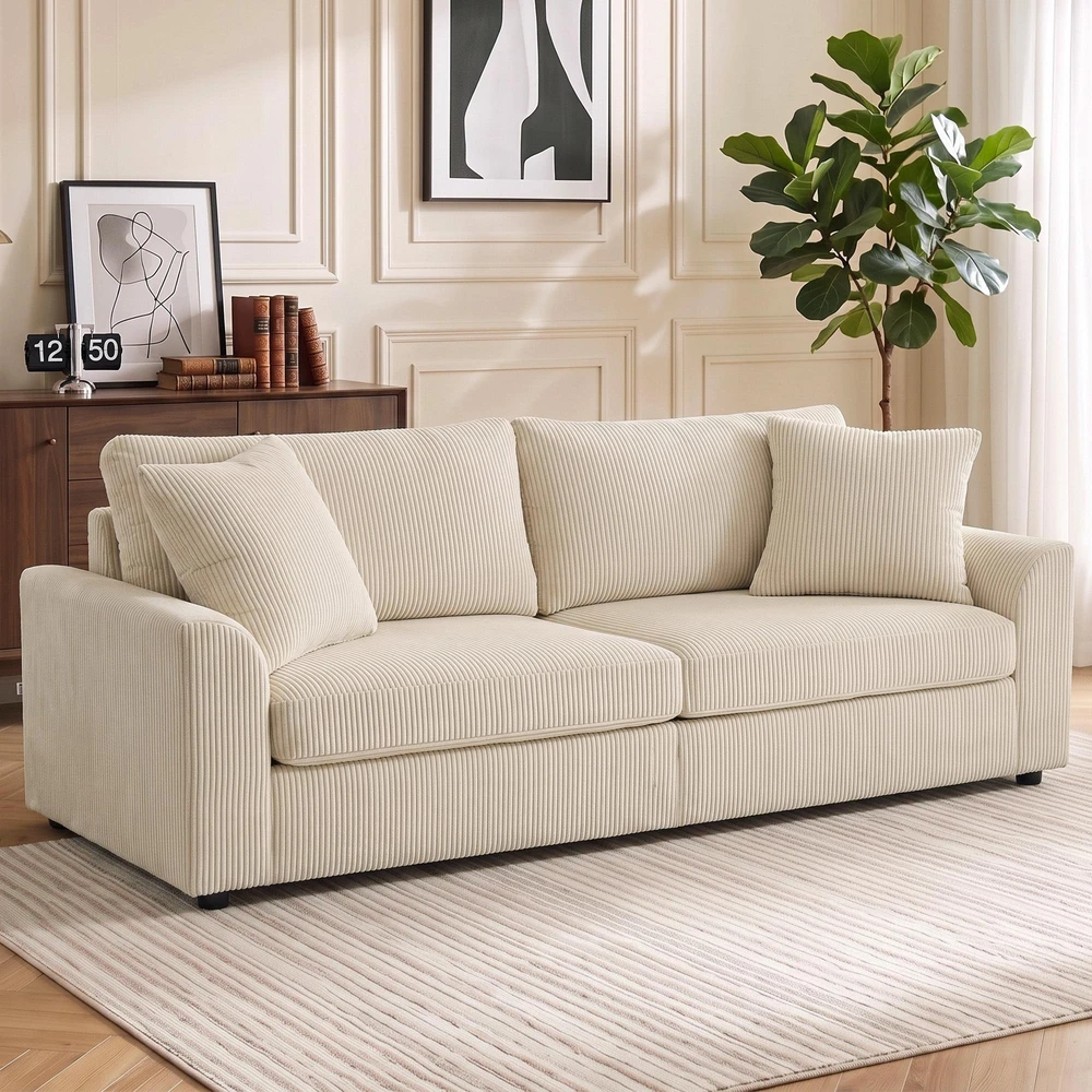 HOMCOM 3 vietų sofa, sofa su porankiais, pagalvėlės, paminkštinta sofa su velveto audinio apmušalais, storai paminkštinta svetainės sofa iki 450 kg gyvenamajam kambariui, miegamajam 212 x 80 x 88 cm, kreminės baltos spalvos
