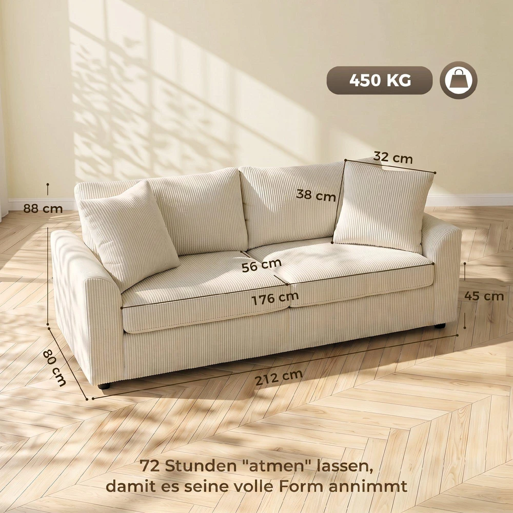 HOMCOM 3 vietų sofa, sofa su porankiais, pagalvėlės, paminkštinta sofa su velveto audinio apmušalais, storai paminkštinta svetainės sofa iki 450 kg gyvenamajam kambariui, miegamajam 212 x 80 x 88 cm, kreminės baltos spalvos