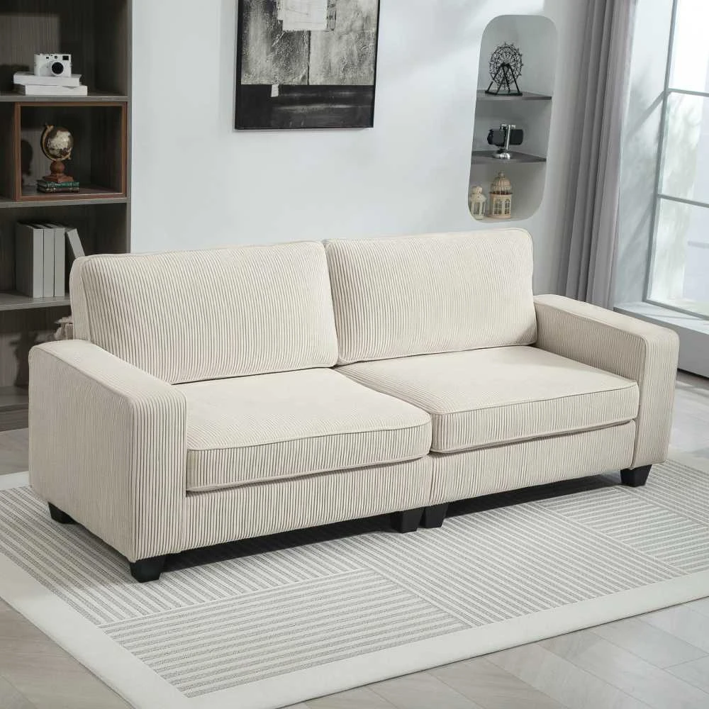 HOMCOM 3 vietų sofa, svetainės sofa su porankiais ir nugaros pagalvėmis, velveto apmušalas, spyruoklinis blokas, 227 x 84 x 87 cm, kreminė balta