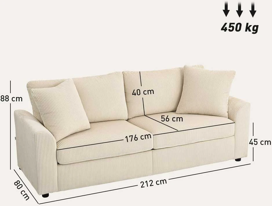 HOMCOM 3 vietų sofa, sofa su porankiais, pagalvėlės, paminkštinta sofa su velveto audinio apmušalais, storai paminkštinta svetainės sofa iki 450 kg gyvenamajam kambariui, miegamajam 212 x 80 x 88 cm, kreminės baltos spalvos
