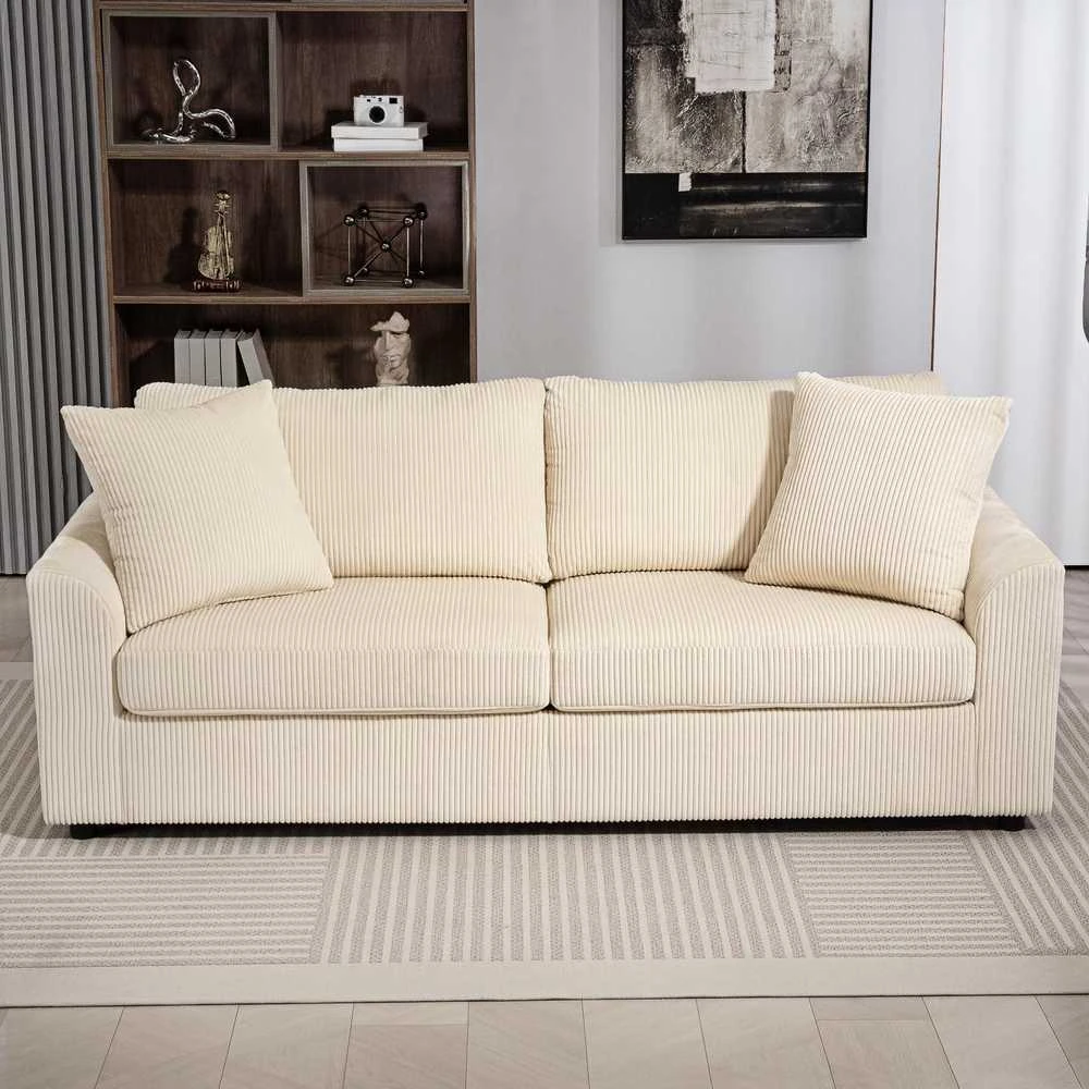 HOMCOM 3 vietų sofa, sofa su porankiais, pagalvėlės, paminkštinta sofa su velveto audinio apmušalais, storai paminkštinta svetainės sofa iki 450 kg gyvenamajam kambariui, miegamajam 212 x 80 x 88 cm, kreminės baltos spalvos