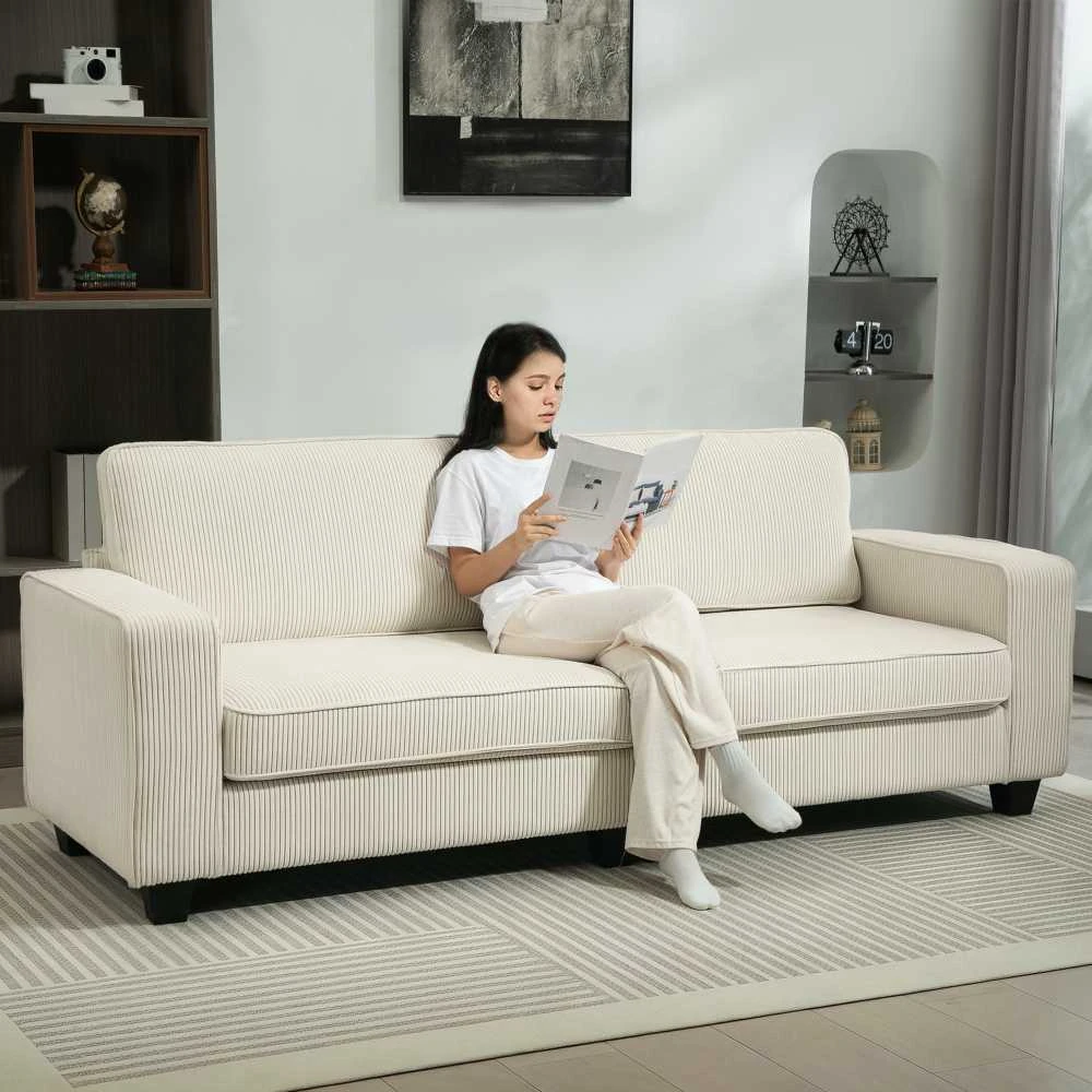 HOMCOM 3 vietų sofa, svetainės sofa su porankiais ir nugaros pagalvėmis, velveto apmušalas, spyruoklinis blokas, 227 x 84 x 87 cm, kreminė balta