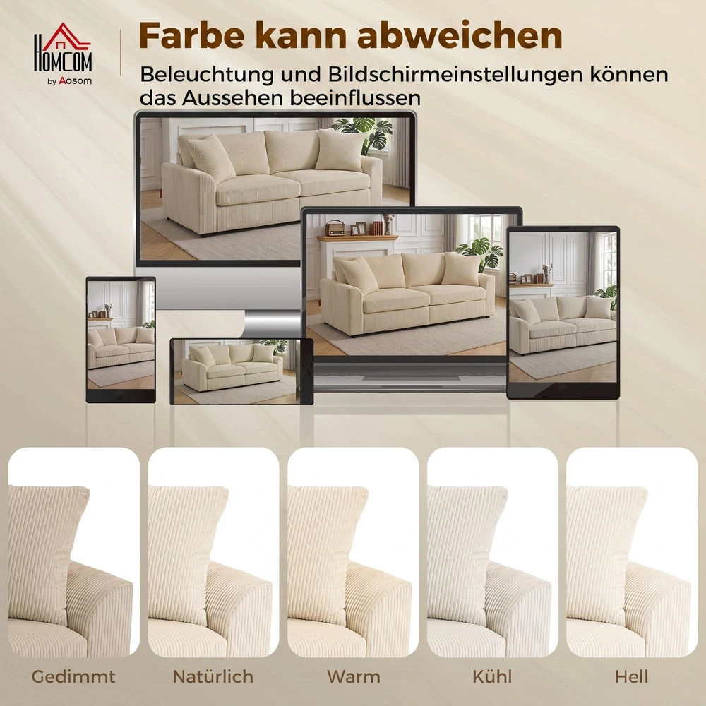 HOMCOM 3 vietų sofa, sofa su porankiais, pagalvėlės, paminkštinta sofa su velveto audinio apmušalais, storai paminkštinta svetainės sofa iki 450 kg gyvenamajam kambariui, miegamajam 212 x 80 x 88 cm, kreminės baltos spalvos