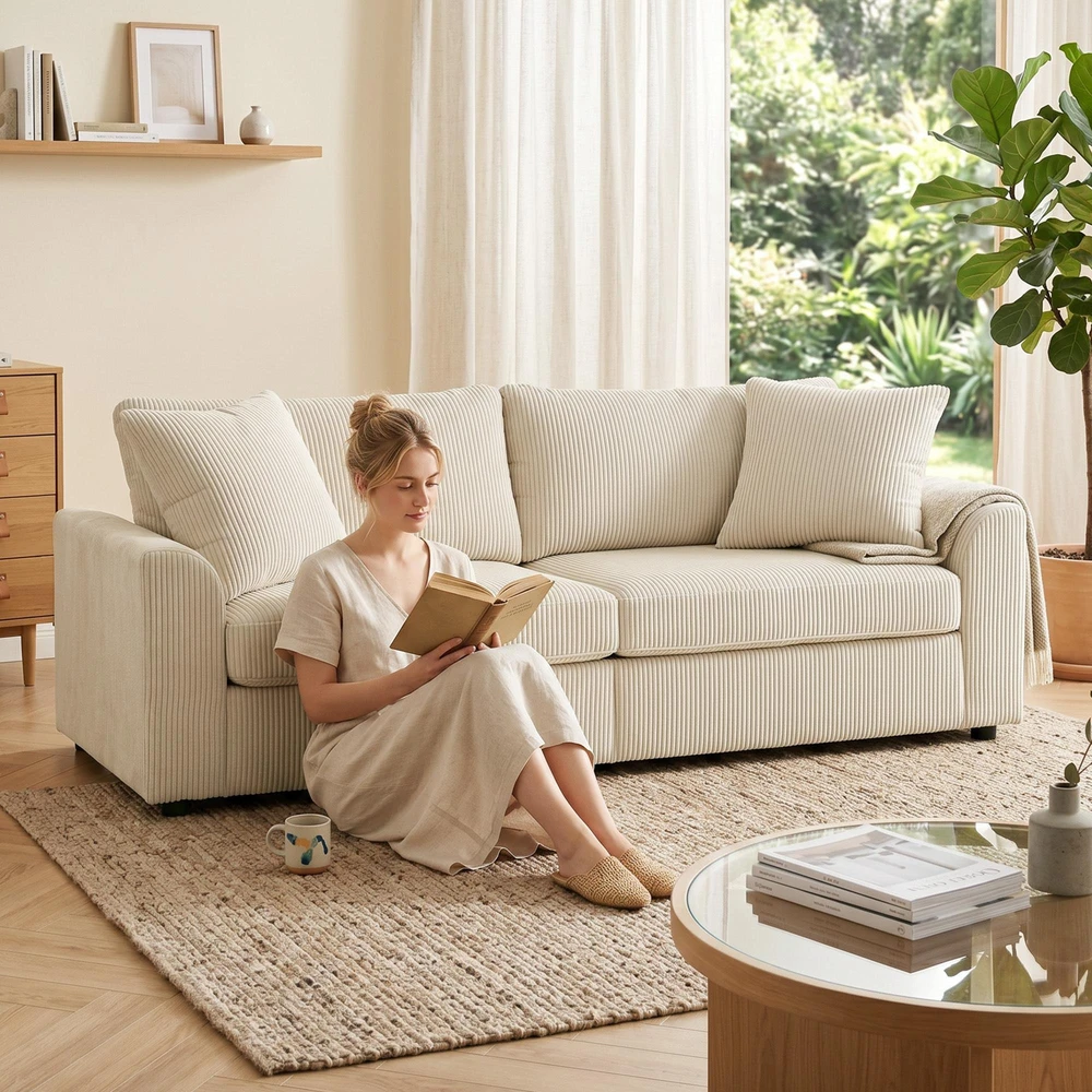 HOMCOM 3 vietų sofa, sofa su porankiais, pagalvėlės, paminkštinta sofa su velveto audinio apmušalais, storai paminkštinta svetainės sofa iki 450 kg gyvenamajam kambariui, miegamajam 212 x 80 x 88 cm, kreminės baltos spalvos