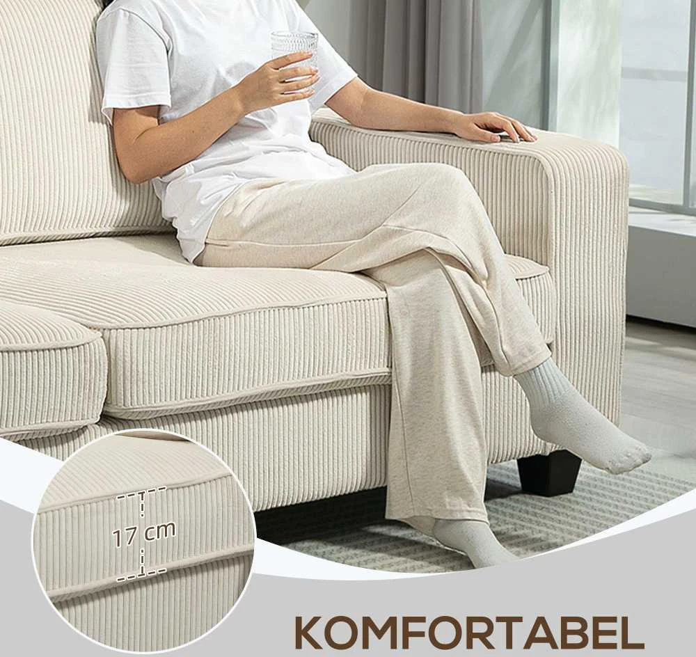 HOMCOM 3 vietų sofa, svetainės sofa su porankiais ir nugaros pagalvėmis, velveto apmušalas, spyruoklinis blokas, 227 x 84 x 87 cm, kreminė balta