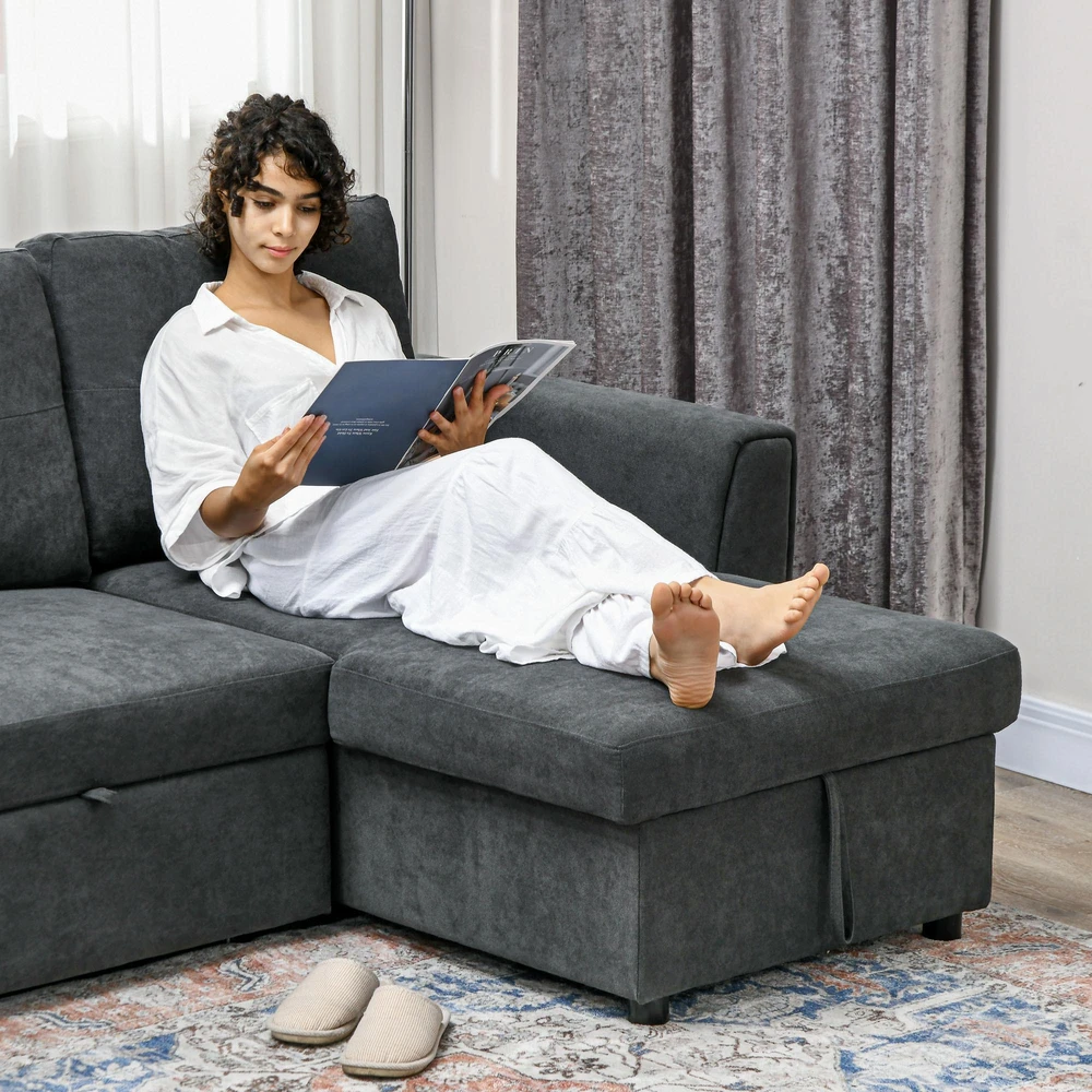 HOMCOM 3 vietų sofa su lovos funkcija, kampinė sofa su šezlongu, minkšta sofa, tamsiai pilka