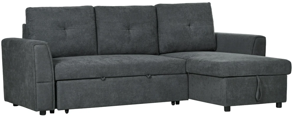 HOMCOM 3 vietų sofa su lovos funkcija, kampinė sofa su šezlongu, minkšta sofa, tamsiai pilka
