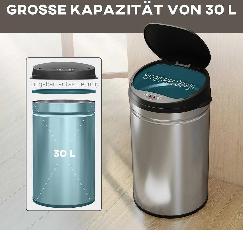 HOMCOM 30 litrų jutiklinė šiukšliadėžė su švelnaus uždarymo funkcija, bekontaktė nerūdijančio plieno šiukšliadėžė higieniškai virtuvei