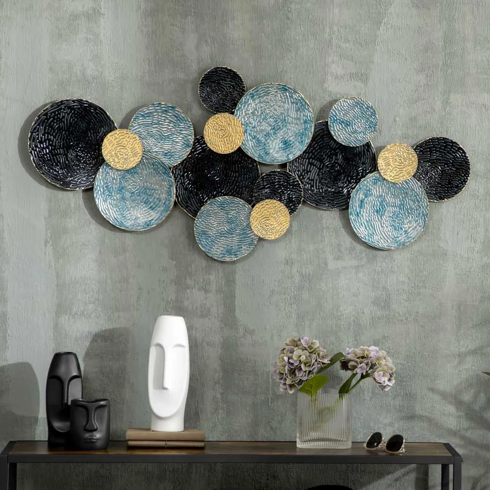 HOMCOM 3D sieninis paveikslas metalinis paveikslas, sieninė skulptūra, svetainės menas, modernus, 121x53 cm, auksinė, juoda, mėlyna
