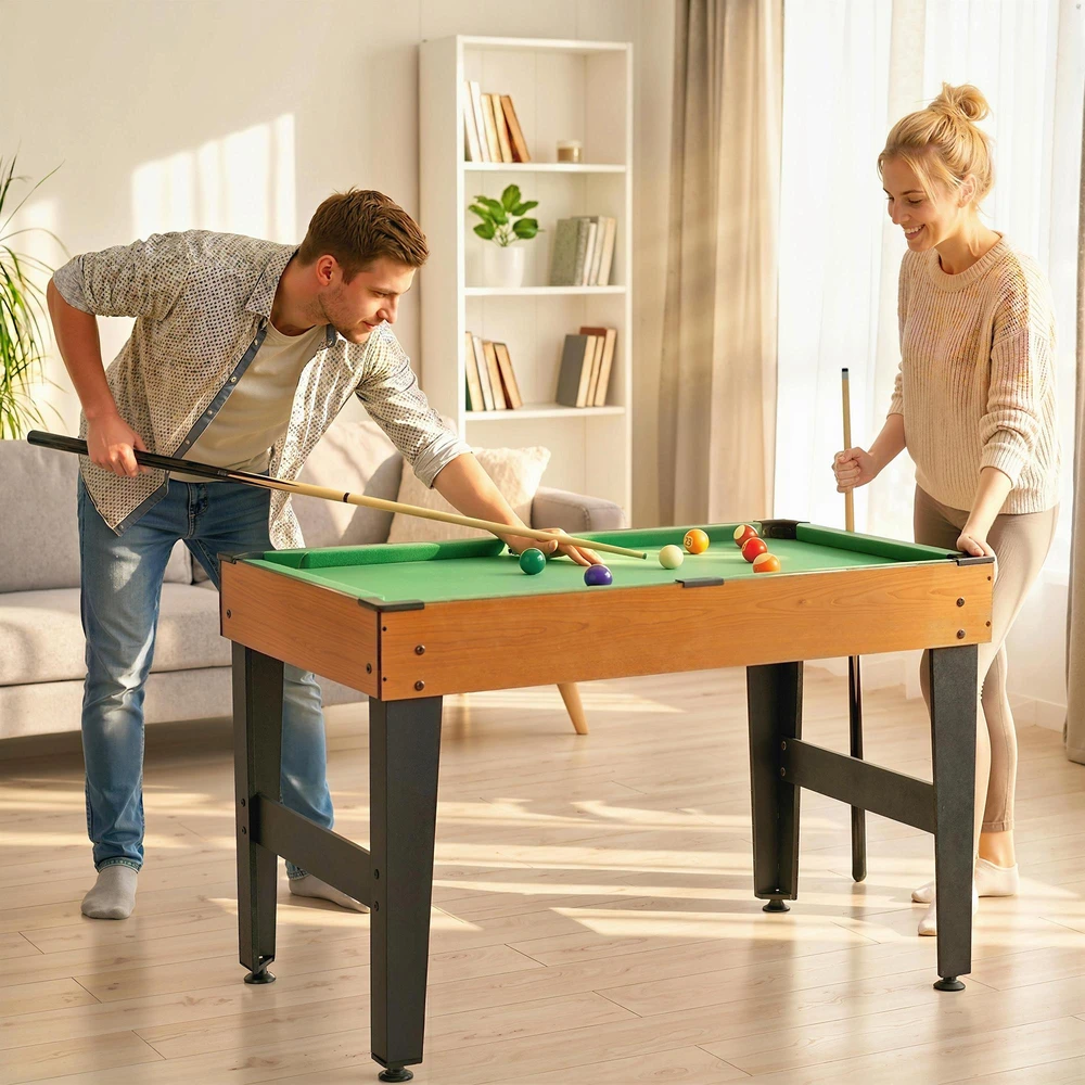 "HOMCOM 4 in 1" daugiafunkcinis žaidimų stalas, vakarėlių žaidimų stalas su stalo tenisu, stalo futbolu, biliardu, stalo ledo rituliu, skirtas linksmybėms su keliais žaidėjais, plienas, natūralus medis + juoda spalva