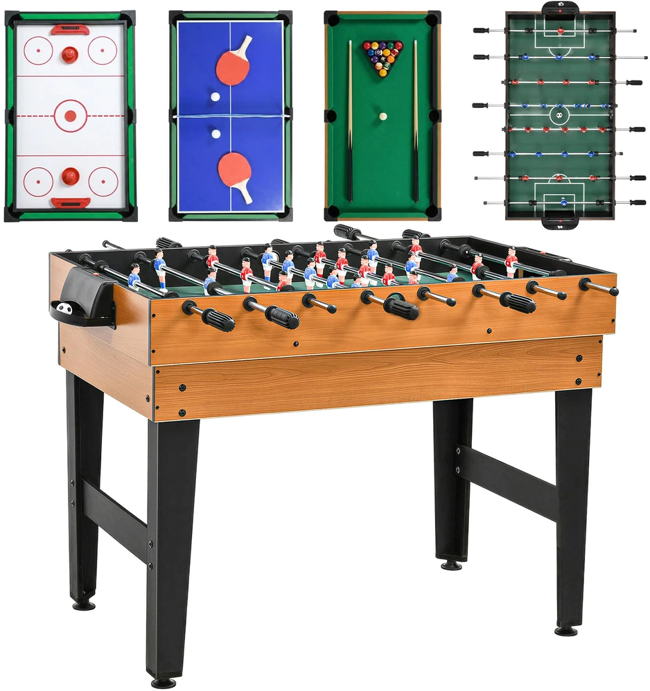 "HOMCOM 4 in 1" daugiafunkcinis žaidimų stalas, vakarėlių žaidimų stalas su stalo tenisu, stalo futbolu, biliardu, stalo ledo rituliu, skirtas linksmybėms su keliais žaidėjais, plienas, natūralus medis + juoda spalva