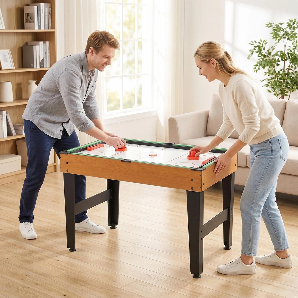 "HOMCOM 4 in 1" daugiafunkcinis žaidimų stalas, vakarėlių žaidimų stalas su stalo tenisu, stalo futbolu, biliardu, stalo ledo rituliu, skirtas linksmybėms su keliais žaidėjais, plienas, natūralus medis + juoda spalva