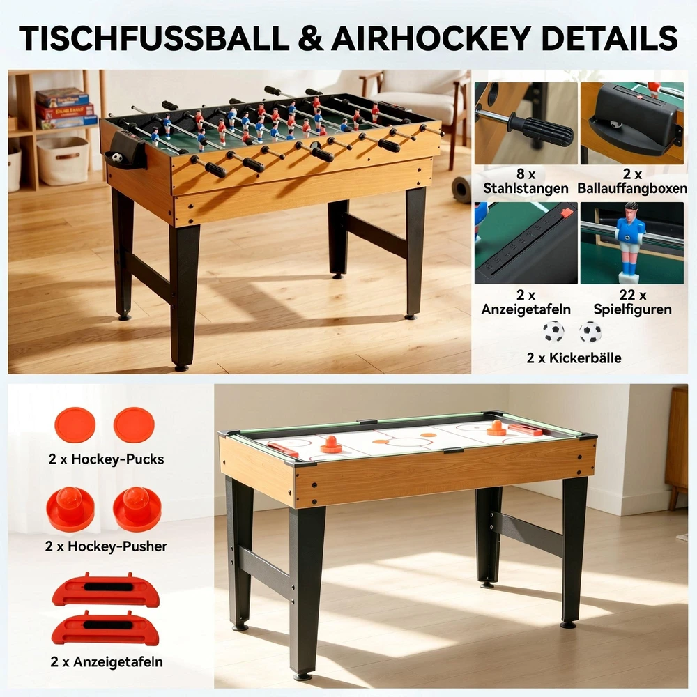"HOMCOM 4 in 1" daugiafunkcinis žaidimų stalas, vakarėlių žaidimų stalas su stalo tenisu, stalo futbolu, biliardu, stalo ledo rituliu, skirtas linksmybėms su keliais žaidėjais, plienas, natūralus medis + juoda spalva