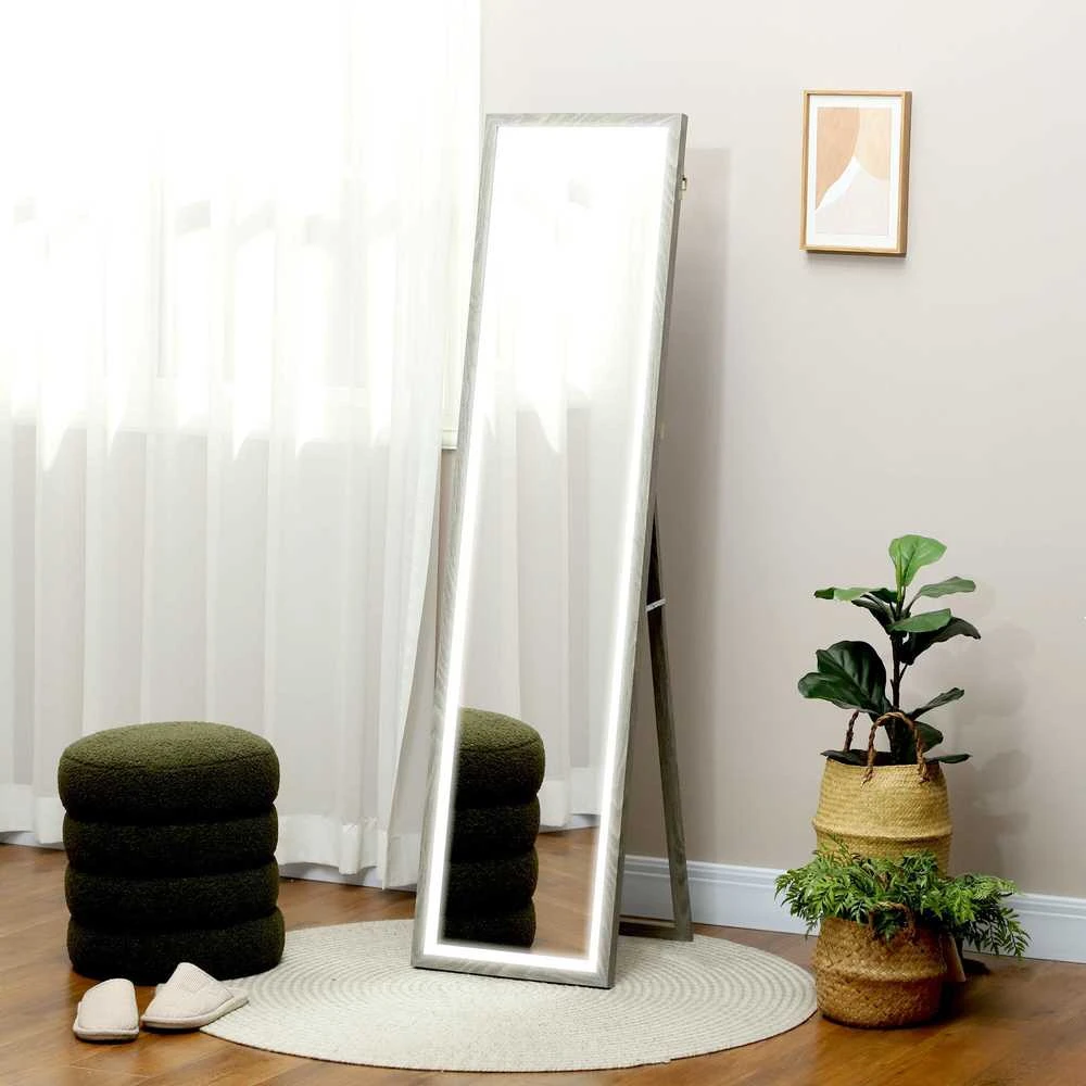 HOMCOM viso ūgio veidrodis 40 x 160 cm, pastatomas veidrodis su LED apšvietimu, 3 šviesos spalvos, sieninis veidrodis su jutikliniu valdymu, grindinis veidrodis miegamajam, svetainei, pilkas