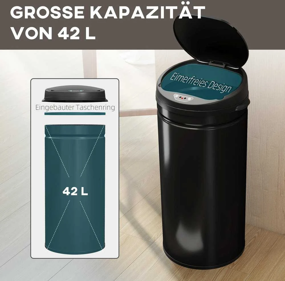 HOMCOM 42 litrų sensorinė šiukšliadėžė su švelnaus uždarymo funkcija, bekontaktė šiukšliadėžė iš nerūdijančio plieno higieniškai virtuvei