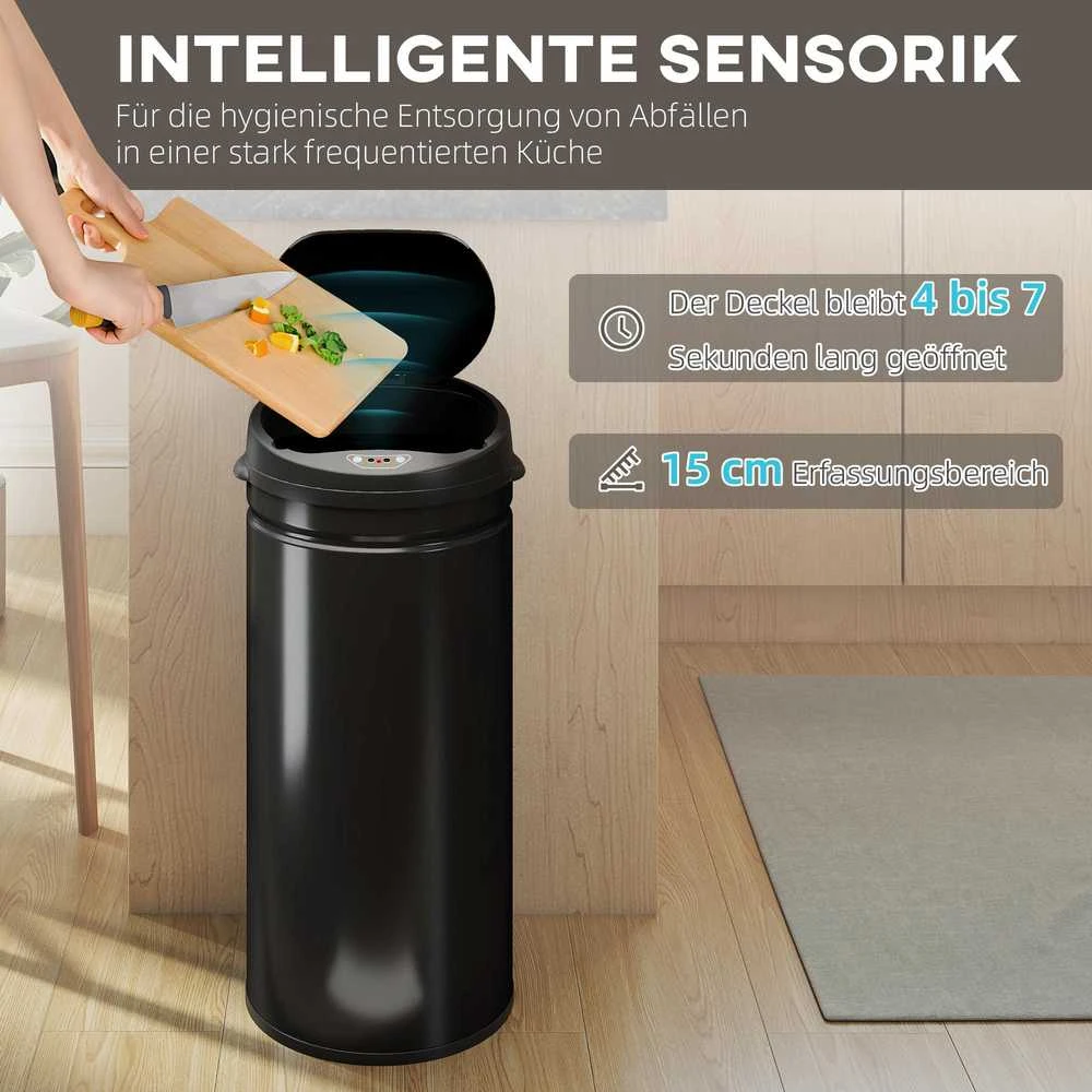 HOMCOM 42 litrų sensorinė šiukšliadėžė su švelnaus uždarymo funkcija, bekontaktė šiukšliadėžė iš nerūdijančio plieno higieniškai virtuvei