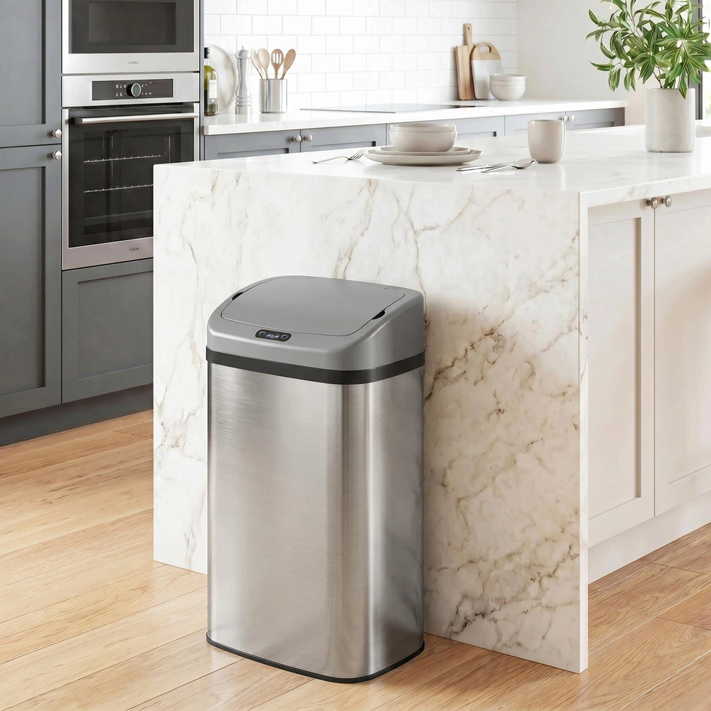 HOMCOM 48 L jutiklinė šiukšliadėžė virtuvei ar biurui, automatinio uždarymo funkcija, nerūdijantis plienas, sidabrinė
