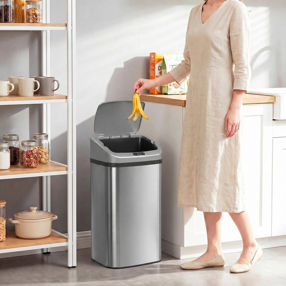 HOMCOM 48 L jutiklinė šiukšliadėžė virtuvei ar biurui, automatinio uždarymo funkcija, nerūdijantis plienas, sidabrinė