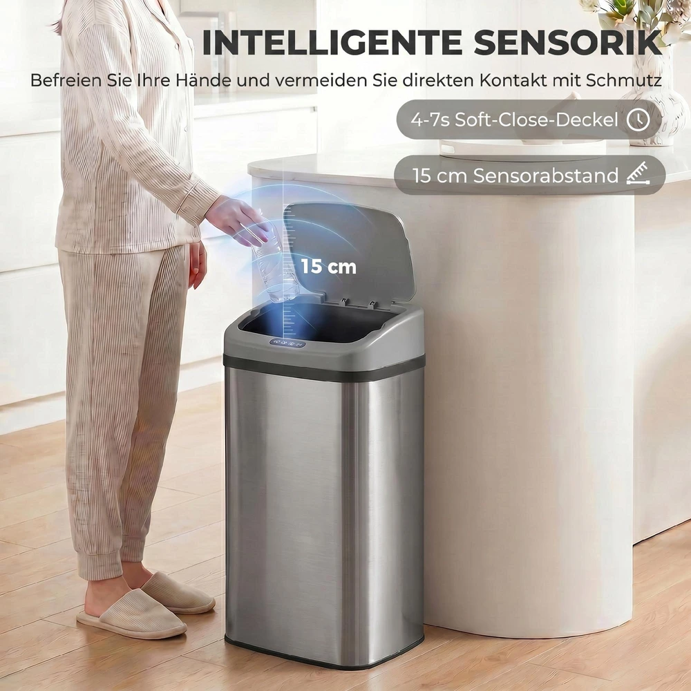 HOMCOM 48 L jutiklinė šiukšliadėžė virtuvei ar biurui, automatinio uždarymo funkcija, nerūdijantis plienas, sidabrinė