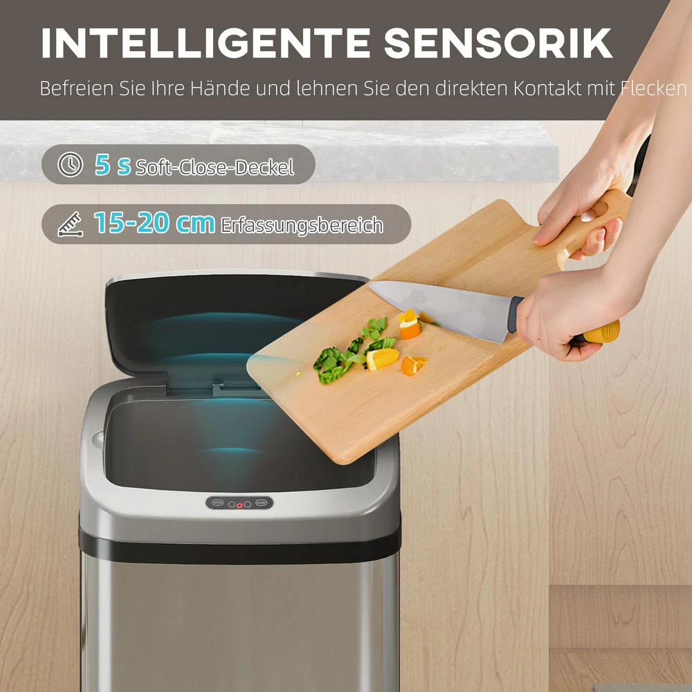 HOMCOM 48 L jutiklinė šiukšliadėžė virtuvei ar biurui, automatinio uždarymo funkcija, nerūdijantis plienas, sidabrinė