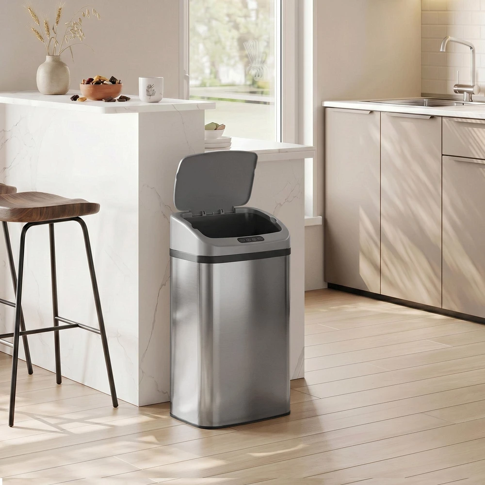 HOMCOM 48 L jutiklinė šiukšliadėžė virtuvei ar biurui, automatinio uždarymo funkcija, nerūdijantis plienas, sidabrinė