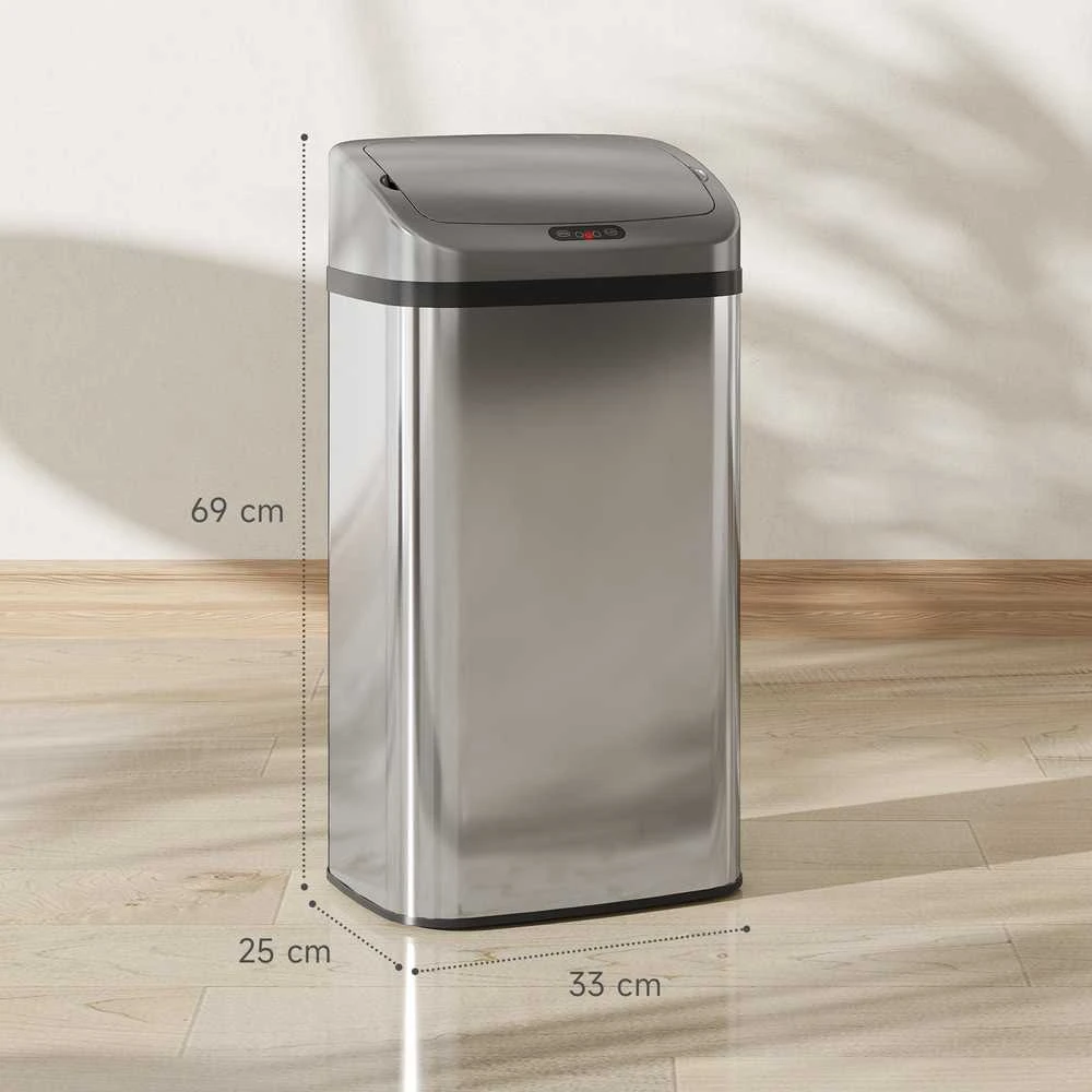 HOMCOM 48 L jutiklinė šiukšliadėžė virtuvei ar biurui, automatinio uždarymo funkcija, nerūdijantis plienas, sidabrinė