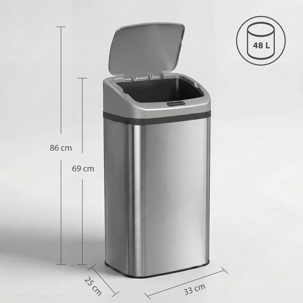 HOMCOM 48 L jutiklinė šiukšliadėžė virtuvei ar biurui, automatinio uždarymo funkcija, nerūdijantis plienas, sidabrinė