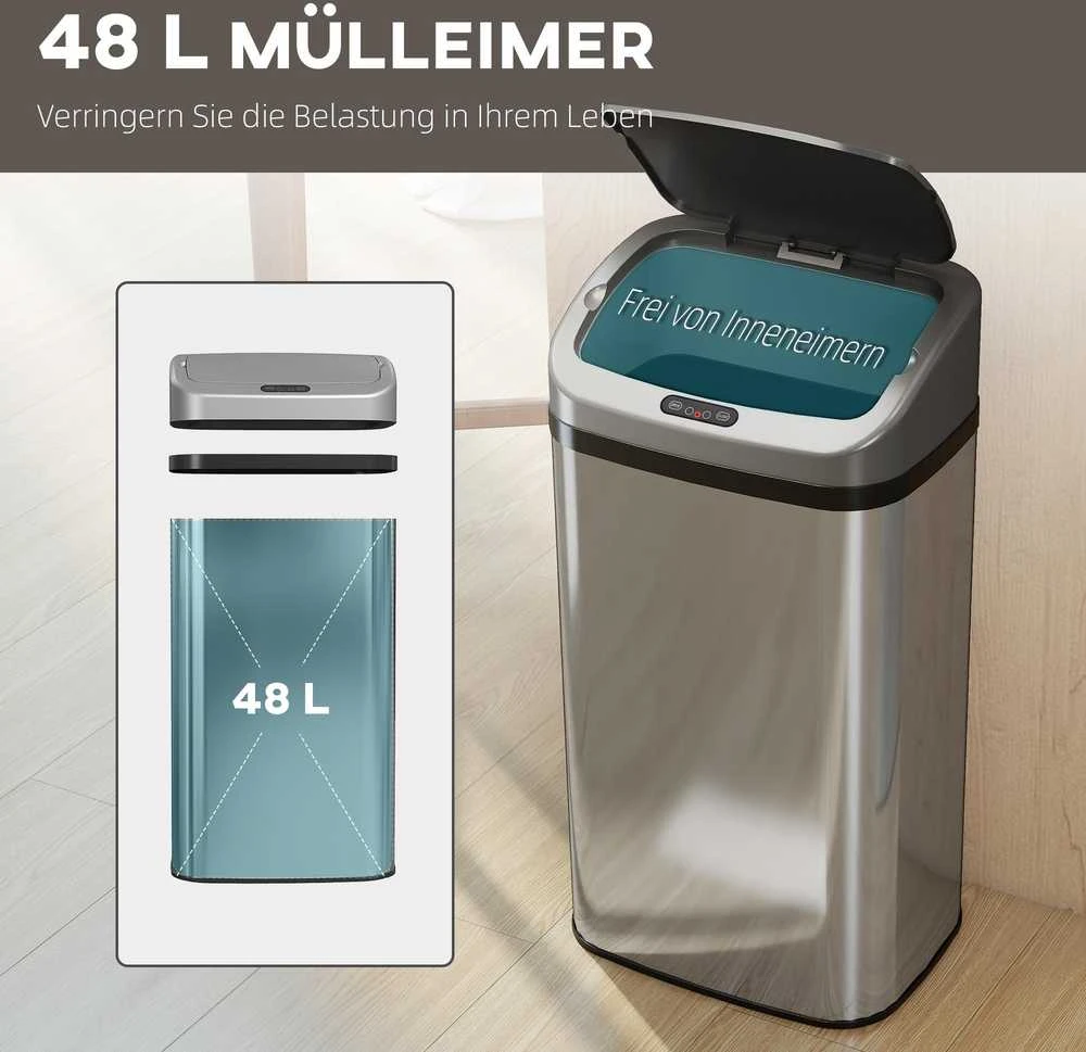 HOMCOM 48 L jutiklinė šiukšliadėžė virtuvei ar biurui, automatinio uždarymo funkcija, nerūdijantis plienas, sidabrinė