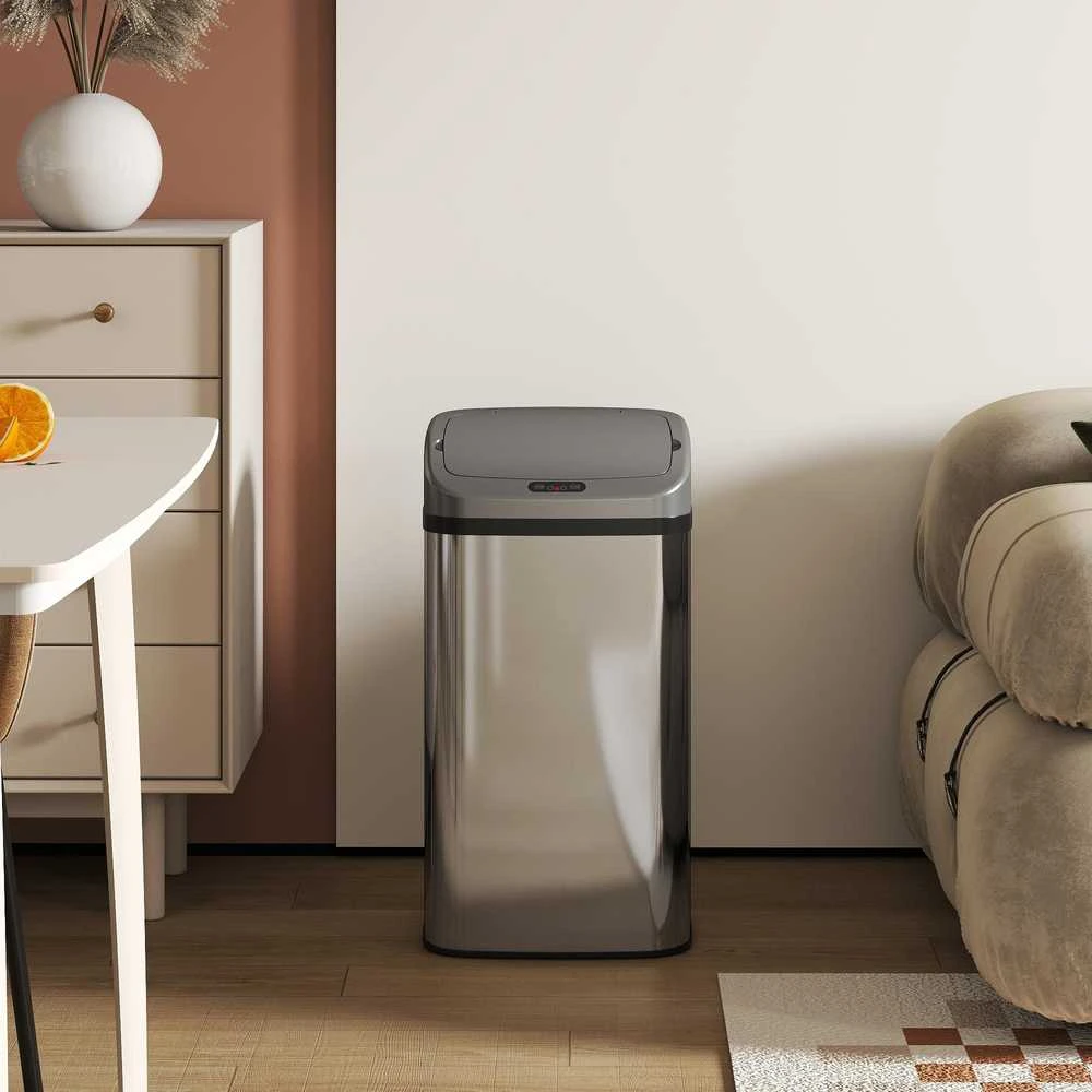 HOMCOM 48 L jutiklinė šiukšliadėžė virtuvei ar biurui, automatinio uždarymo funkcija, nerūdijantis plienas, sidabrinė