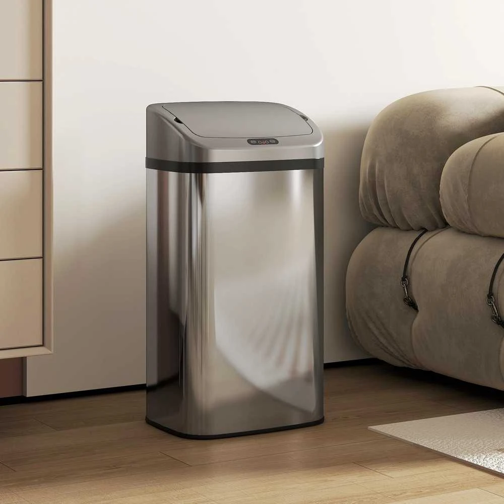 HOMCOM 48 L jutiklinė šiukšliadėžė virtuvei ar biurui, automatinio uždarymo funkcija, nerūdijantis plienas, sidabrinė