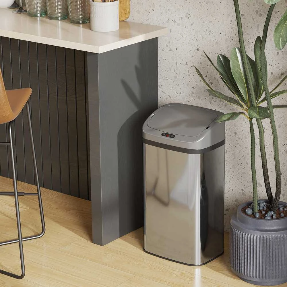 HOMCOM 48 L jutiklinė šiukšliadėžė virtuvei ar biurui, automatinio uždarymo funkcija, nerūdijantis plienas, sidabrinė