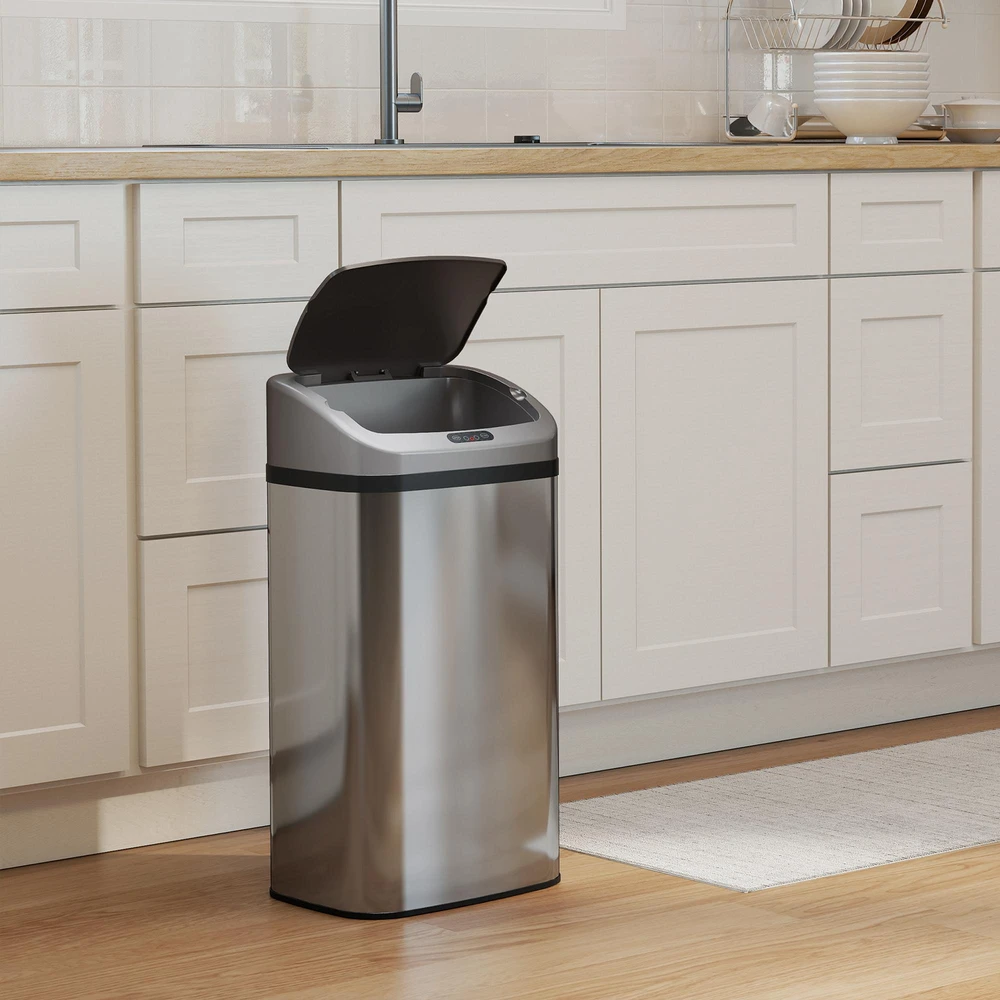 HOMCOM 48 L jutiklinė šiukšliadėžė virtuvei ar biurui, automatinio uždarymo funkcija, nerūdijantis plienas, sidabrinė