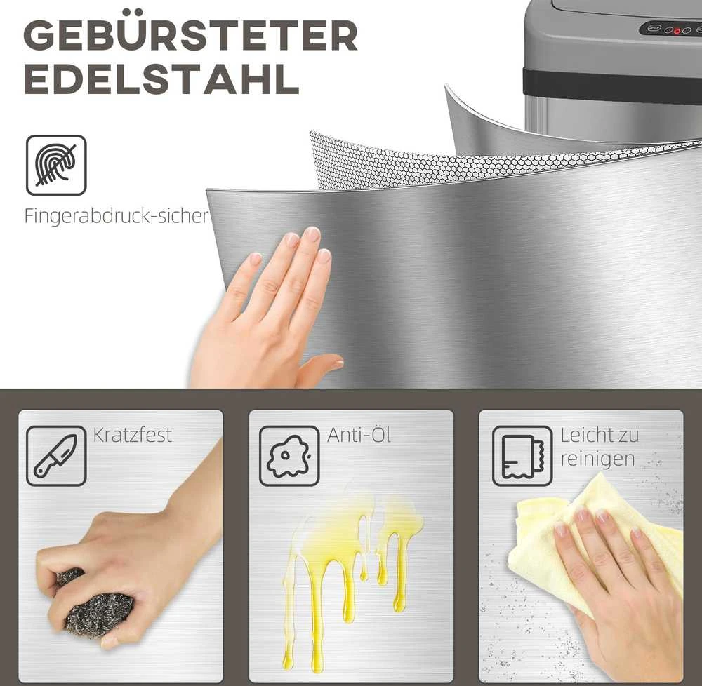 HOMCOM 48 L jutiklinė šiukšliadėžė virtuvei ar biurui, automatinio uždarymo funkcija, nerūdijantis plienas, sidabrinė