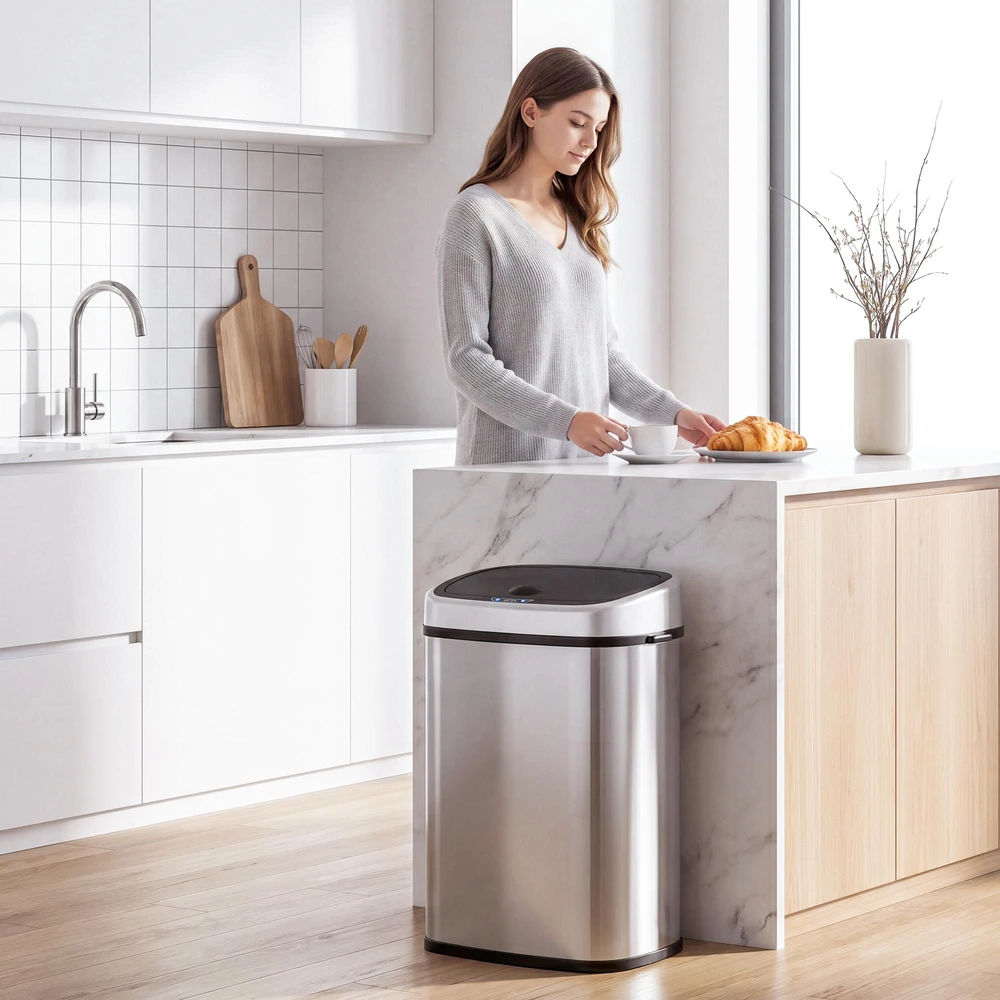 HOMCOM 48L šiukšliadėžė, automatinė virtuvinė šiukšliadėžė su infraraudonųjų spindulių jutikliu, higieniška, nerūdijančio plieno, sidabrinė, 40,5x29,5x68 cm