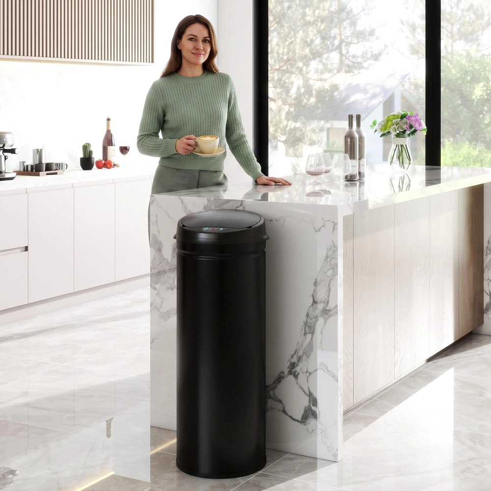 HOMCOM 50 litrų jutiklinė šiukšliadėžė su „Soft-Close“ funkcija, bekontaktė nerūdijančio plieno šiukšliadėžė higieniškoms virtuvėms