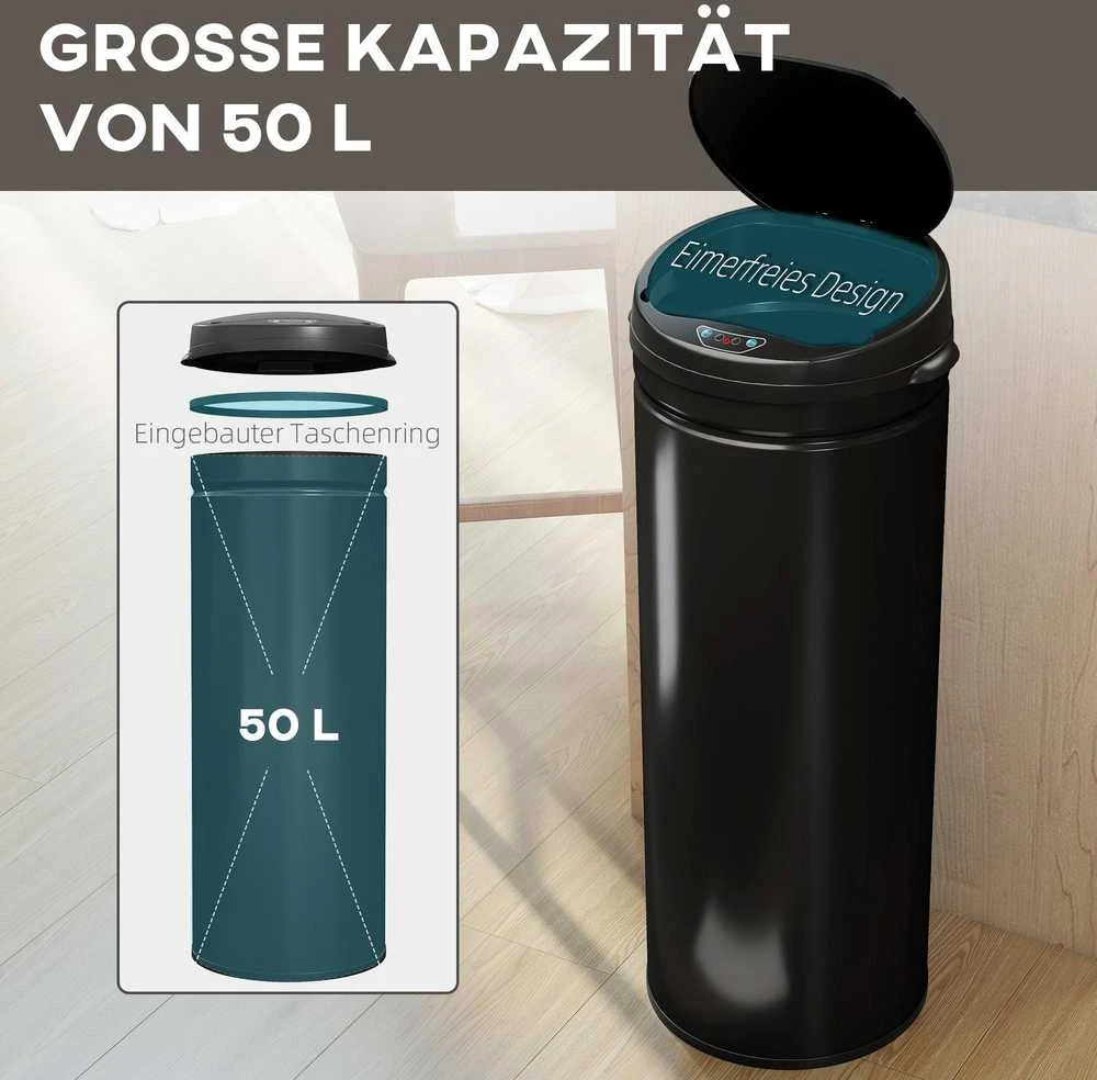 HOMCOM 50 litrų jutiklinė šiukšliadėžė su „Soft-Close“ funkcija, bekontaktė nerūdijančio plieno šiukšliadėžė higieniškoms virtuvėms