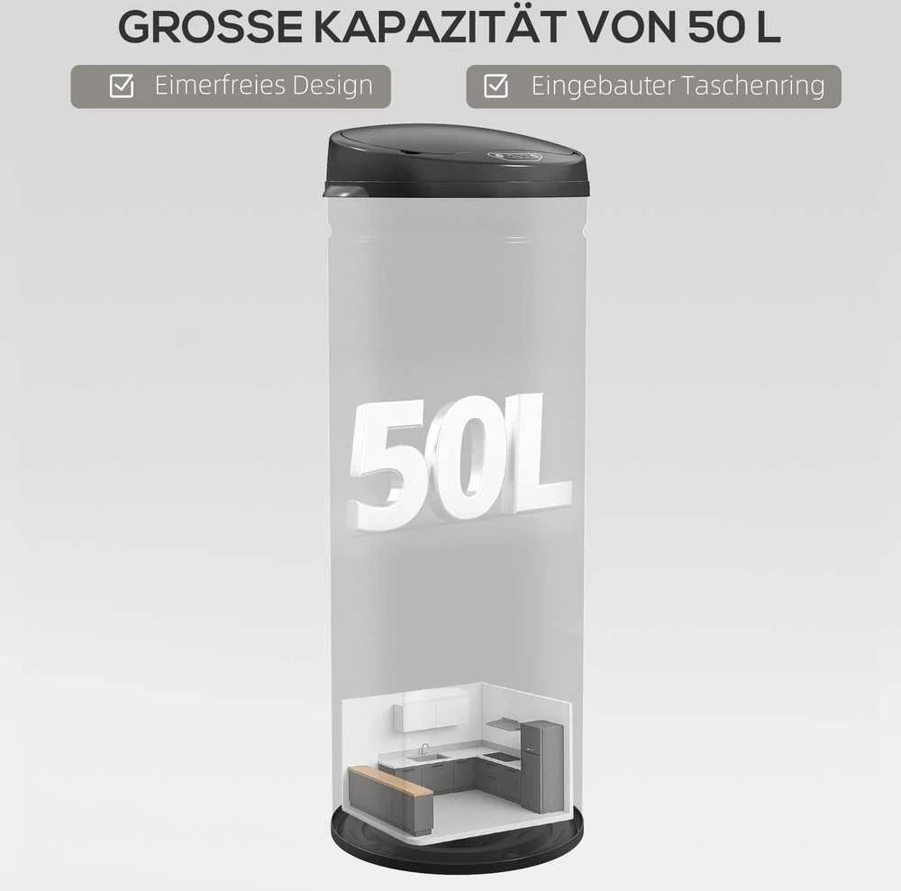 HOMCOM 50 litrų jutiklinė šiukšliadėžė su „Soft-Close“ funkcija, bekontaktė nerūdijančio plieno šiukšliadėžė higieniškoms virtuvėms