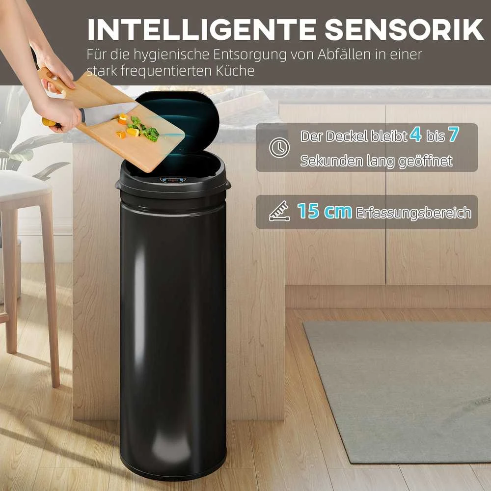 HOMCOM 50 litrų jutiklinė šiukšliadėžė su „Soft-Close“ funkcija, bekontaktė nerūdijančio plieno šiukšliadėžė higieniškoms virtuvėms