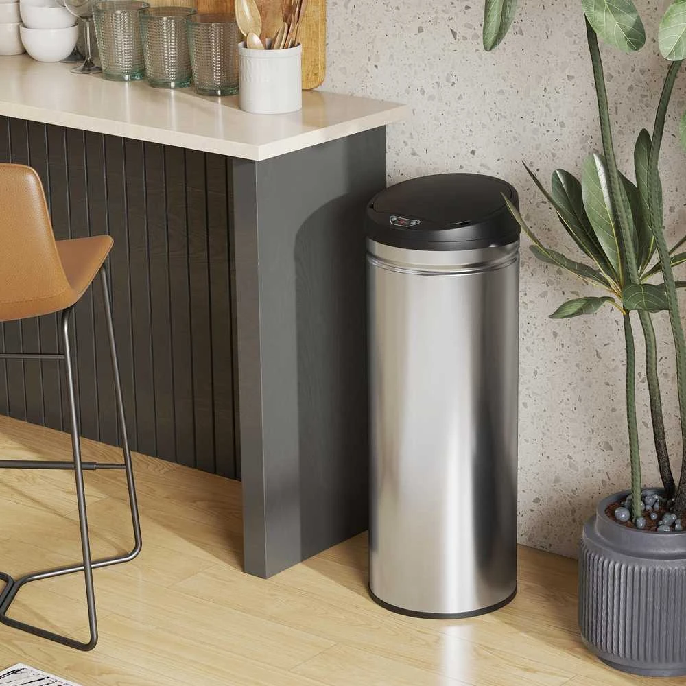 HOMCOM 50 litrų sensorinė šiukšliadėžė su švelnaus uždarymo funkcija, bekontaktė nerūdijančio plieno šiukšliadėžė higieniškoms virtuvėms ir biurams, sidabrinė