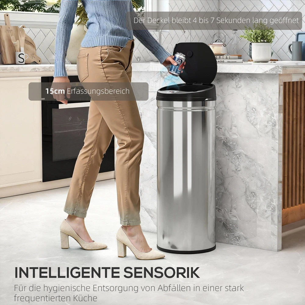 HOMCOM 50 litrų sensorinė šiukšliadėžė su švelnaus uždarymo funkcija, bekontaktė nerūdijančio plieno šiukšliadėžė higieniškoms virtuvėms ir biurams, sidabrinė