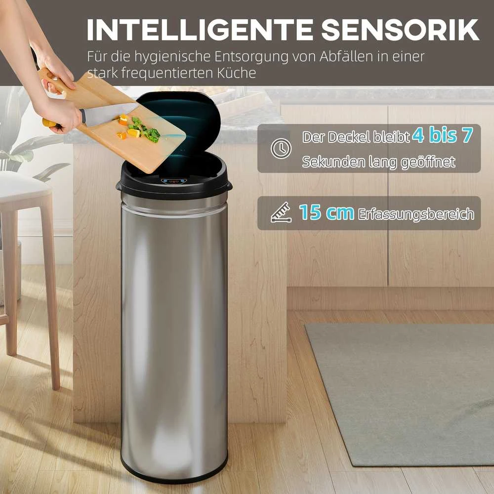 HOMCOM 50 litrų sensorinė šiukšliadėžė su švelnaus uždarymo funkcija, bekontaktė nerūdijančio plieno šiukšliadėžė higieniškoms virtuvėms ir biurams, sidabrinė