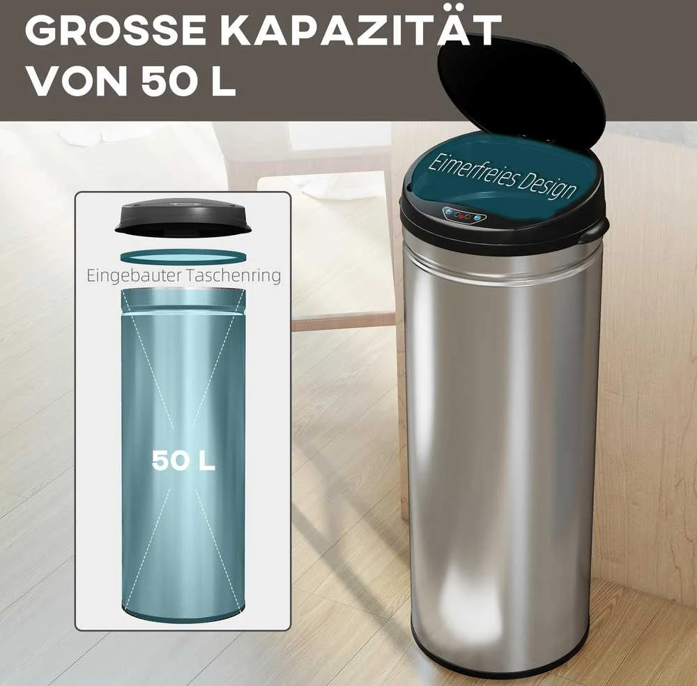 HOMCOM 50 litrų sensorinė šiukšliadėžė su švelnaus uždarymo funkcija, bekontaktė nerūdijančio plieno šiukšliadėžė higieniškoms virtuvėms ir biurams, sidabrinė
