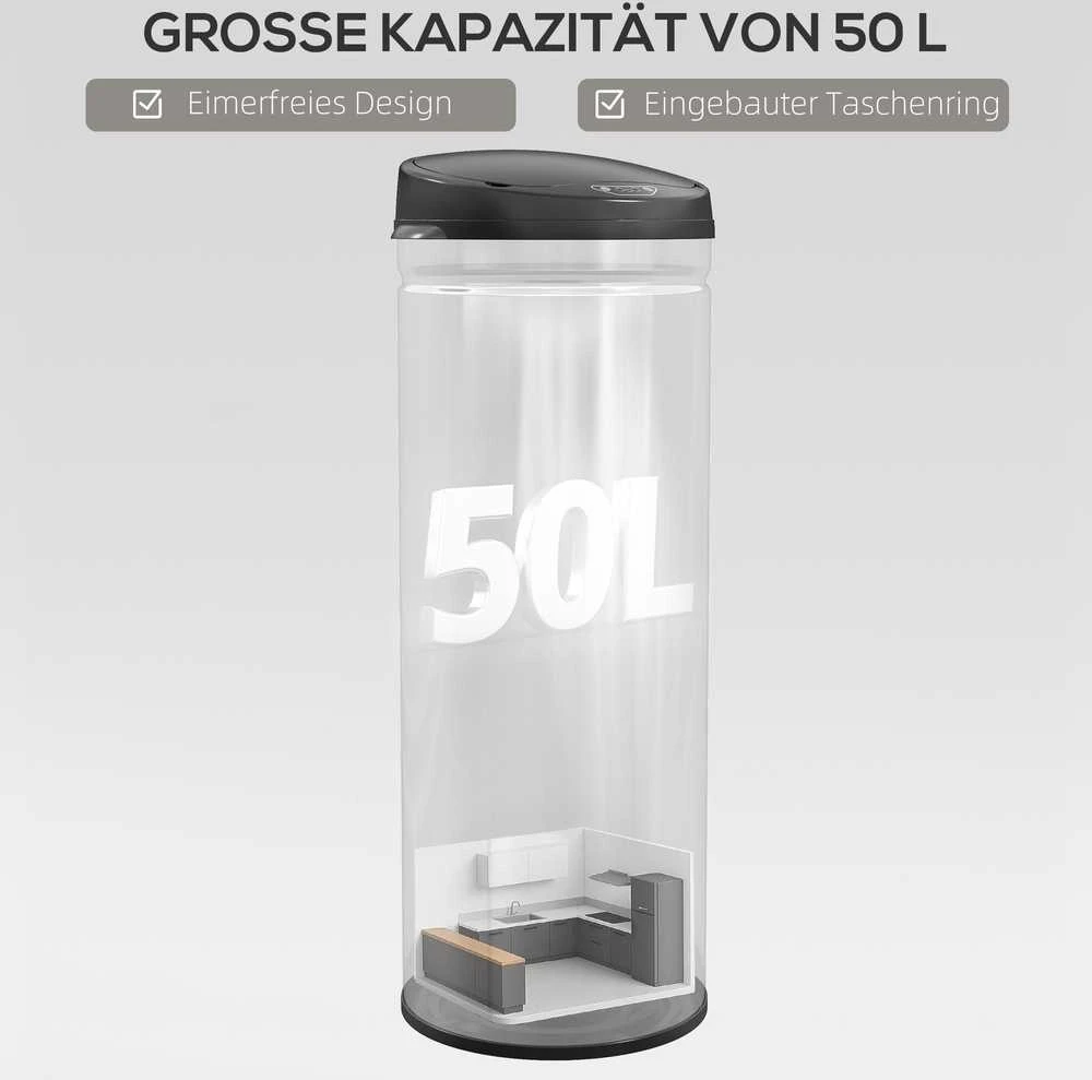 HOMCOM 50 litrų sensorinė šiukšliadėžė su švelnaus uždarymo funkcija, bekontaktė nerūdijančio plieno šiukšliadėžė higieniškoms virtuvėms ir biurams, sidabrinė
